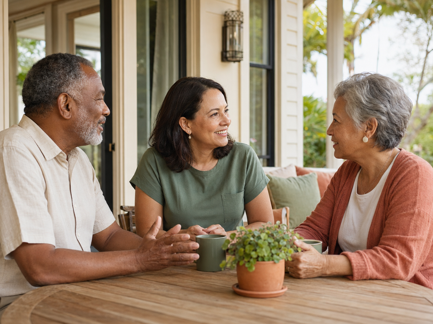 Adults and a caring support professional enjoying time together at home